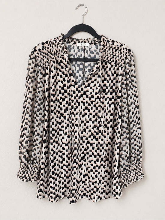Beacon Apparel Tops - Smocked V-Neck Printed Blouse - Black & Cream